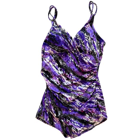 MiracleSuit Purple Animal Print One Piece Swimsuit 12 Trimshaper Tummy Control - Picture 2 of 8